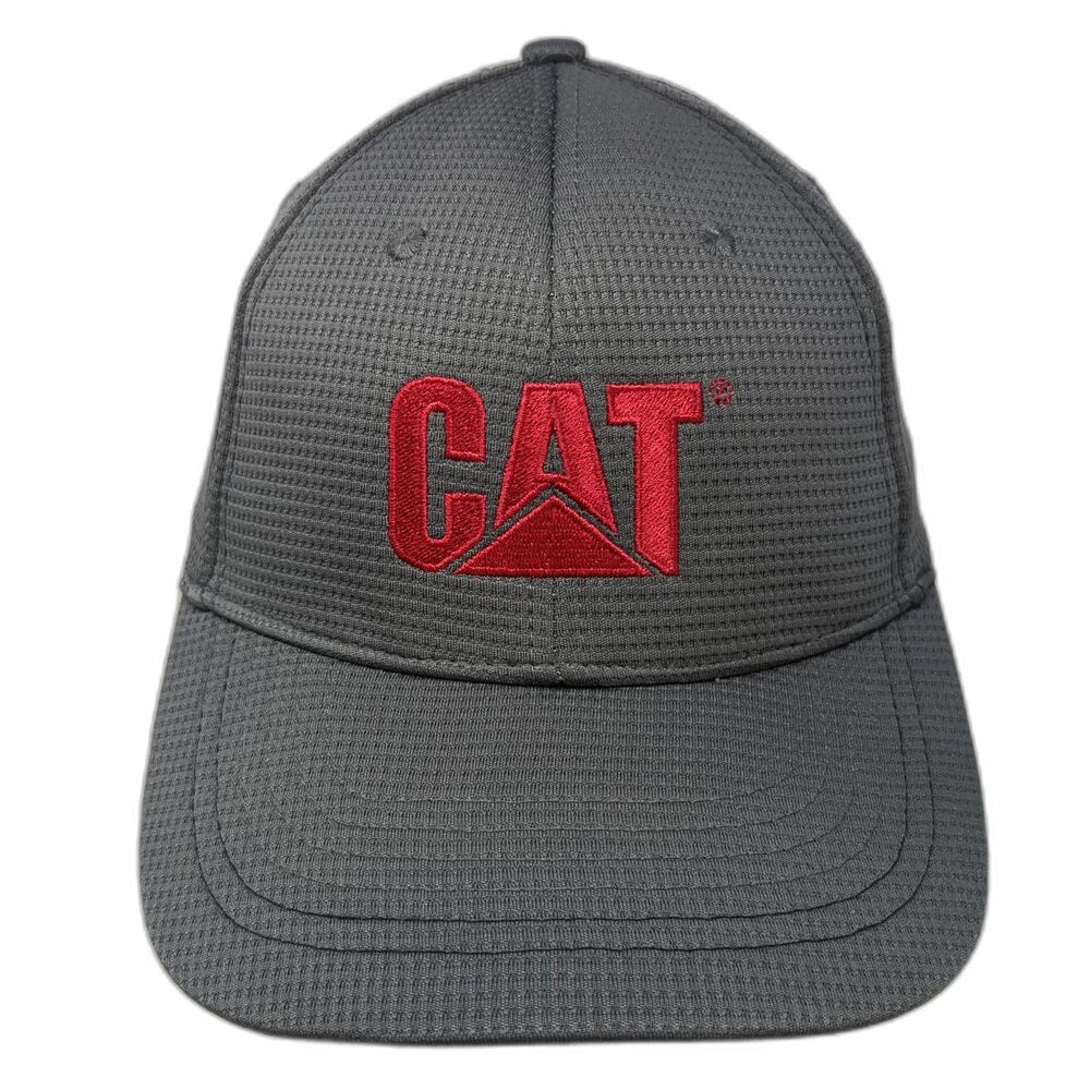 CAT Baseball Cap Gray Red One Size Textured Mesh Fabric Fitted Hat Work Logo